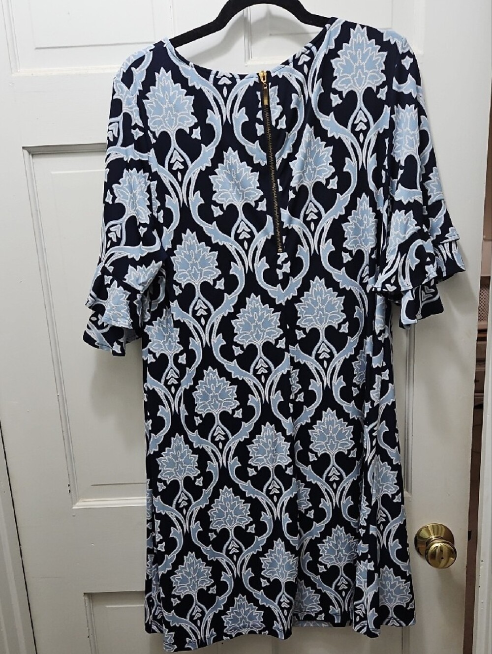 Ronni Nicole Navy and Light Blue Patterned Ruffle Sleeve Dress - Picture 2 of 6